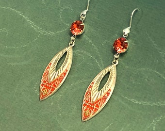 Silver Art Deco Coral Embossed Marquise Earrings with Swarovski Padparadscha & Sterling Earwires