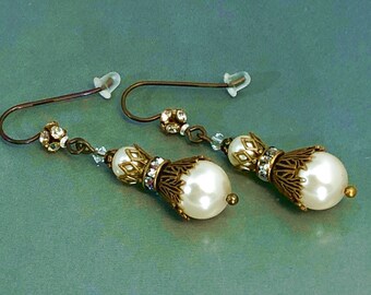 Art Deco Pearl & Rhinestone Earrings with Hypoallergenic Niobium Earwires