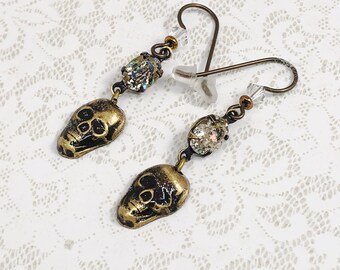 Gold Patina Skull Earrrings with Swarovski Rhinestones and Niobium Earwires