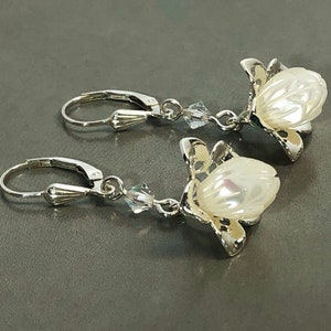 Silver & Mother of Pearl Carved Flower Earrings with Sterling Lever Backs image 8