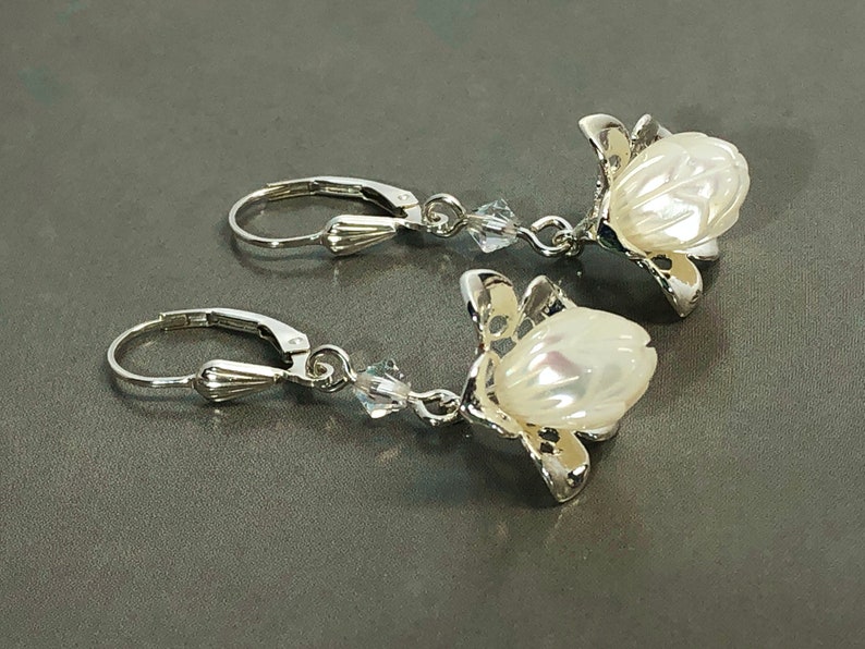 Silver & Mother of Pearl Carved Flower Earrings with Sterling Lever Backs image 8