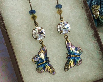 Iridescent Blue & Brass Butterfly Earrings with Swarovski Rhinestones and Hypoallergenic Niobium Earwires