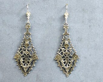 Glittered Victorian Filigree Earrings with Vintage Swarovski Rhinestone Balls & Sterling Silver Earwires