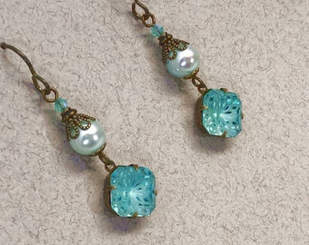 Seafoam Pearl & Etched Aqua Rhinestone Earrings with Niobium Earwires