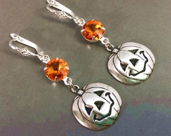 Silver Jack-o-Lantern Earrings with Swarovski Rhinestones & Locking Sterling Silver Lever Backs