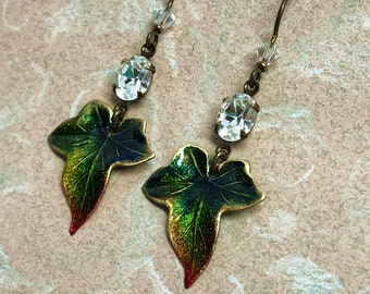 Green Ivy Leaf Earrings with Swarovski Rhinestones & Hypoallergenic Niobium Earwires