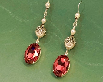 Raspberry Rhinetone & Pearl Earrings with Sterling Silver Earwires