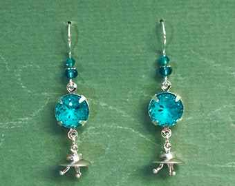 Silver UFO Earrings with Etched Blue Rhinestones and Sterling Earwires