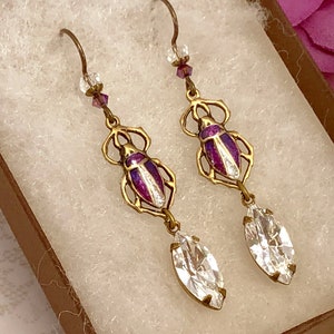 Egyptian Revival Purple Scarab Earrings with Swarovski Rhinestones & Niobium Earwires