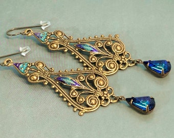 Victorian Heliotrope Blue Filigree Earrings, Vintage Swarovski Drops & Hypoallergenic Niobium Earwires