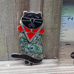 Cat Brooch Pin, Abalone Shell Inlay and Enamel, Silver Tone Metal