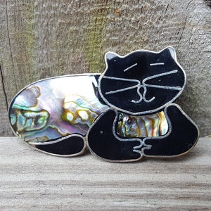 Vintage Cat Brooch Pin, Abalone Shell Inlay And Black Enamel, Handmade Kitty Cat Jewelry
