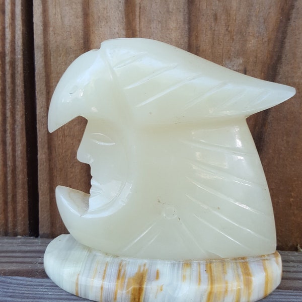 Vintage Carved Onyx Man In Bird Headdress Paperweight, Pencil Pen Holder, Hand Carved Onyx Stone Desk Decor