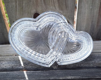 Vintage Heavy Crystal Double Heart Trinket Box, Covered Crystal Dish For Jewelry or candy