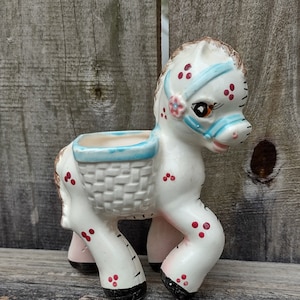 Vintage Baby Donkey Or Burro With Basket, Figural Animal Decor Planter