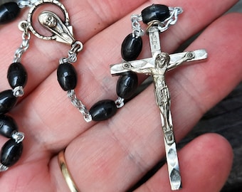 Lightweight Five Decade Rosary, Aluminum Chain Plastic Beads, Vintage Italian Black And Silver Prayer Beads