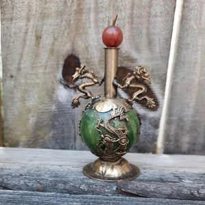 Dragon Snuff Bottle, Green And Orange Colored Stones