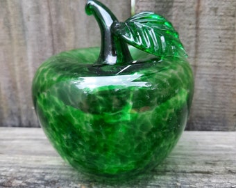 Hand Blown Glass Zombie Apple on a Wooden Base