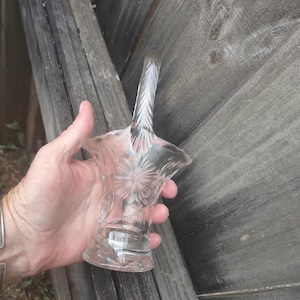 Vintage Duncan Miller Crystal Basket Vase: Floral Etched Pressed Glass