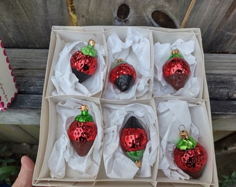 Chocolate Strawberry Glass Ornaments, Vintage Red Christmas Ornaments