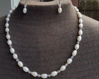 Sterling Glass Pearl And Crystal Bead Necklace With Matching Pierced Dangle Earrings, 22 Inch Long Necklace