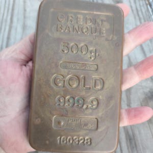 Gold Bar Paperweight Replica, Mid Century Brass Office Or Bank Decor Paperweight