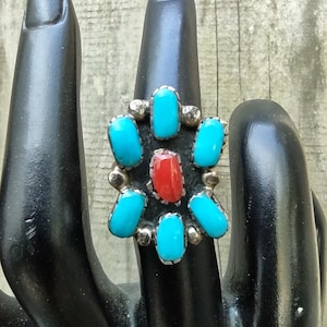 1970&#39;s Turquoise And Coral Sterling Silver Flower Ring, Size 5 1/2