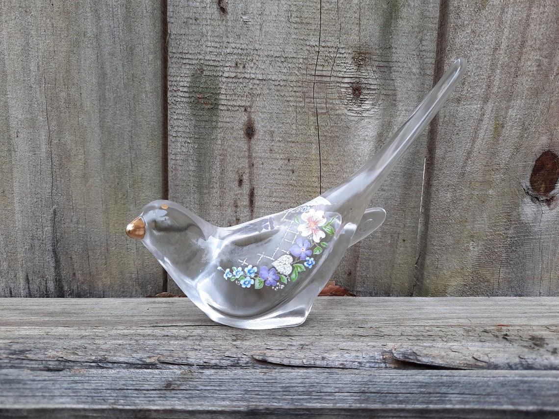 Vintage Fenton Clear Glass Bird Figurine Hand Painted Flowers Etsy