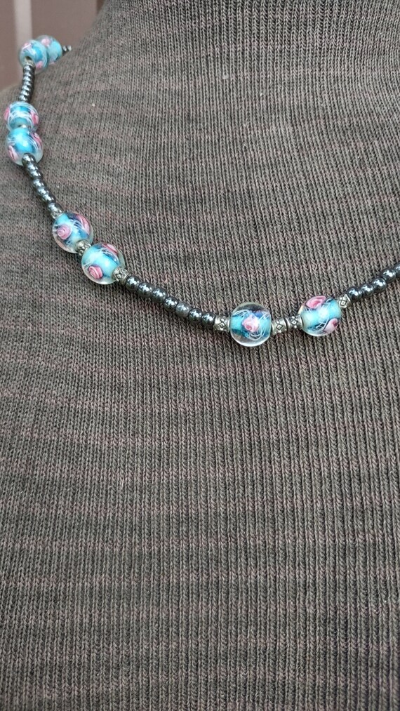 Italian Art Glass Bead Necklace With Gray Hematit… - image 7