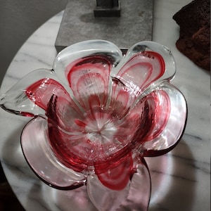 Murano Art Glass Flower Bowl: Cranberry & Clear Hand Blown Decor