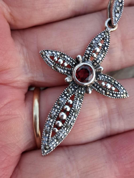 Sterling Silver And Garnet Cross Pendant Necklace