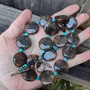 Chiastolite Brown Cross Stone And Turquoise Stone Necklace, 18 1/2 Inches Long