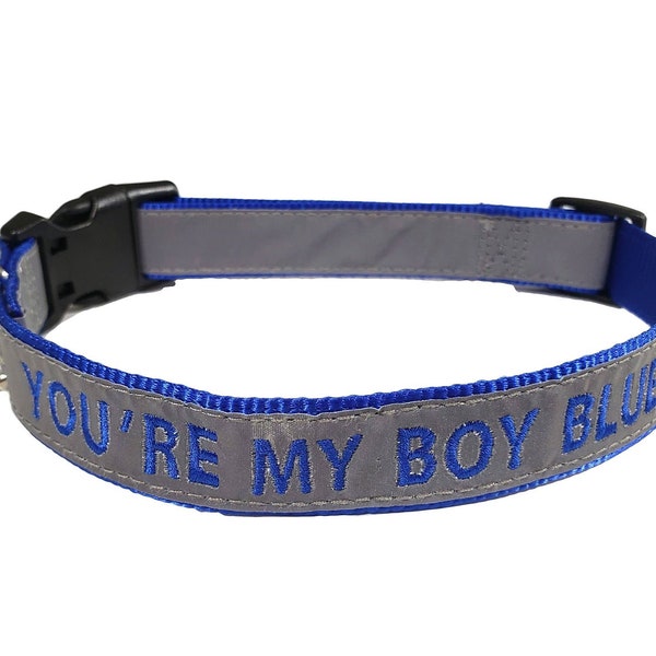 Super Reflective BLUE Personalized Dog Collar with Monogram embroidery
