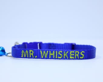 Custom Personalized Embroidered Nylon Breakaway Blue  Cat Collar W/Bell