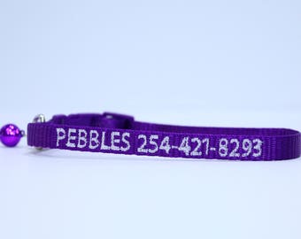 Custom Personalized Embroidered Nylon Breakaway Purple Cat Collar W/Bell