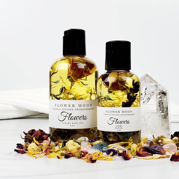 Flowers Aromatherapy Bath & Body Oil, Crystal Infused for Renewal and Love, Floral Oil, Organic Massage Oil, Essential Oils, Self Care Gift!