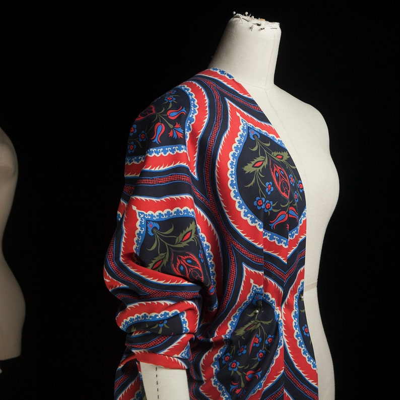 dress skirt sewing for shirt craft by the yard Totem Style: Red and navy paisley floral print silk spun fabric cheongsam