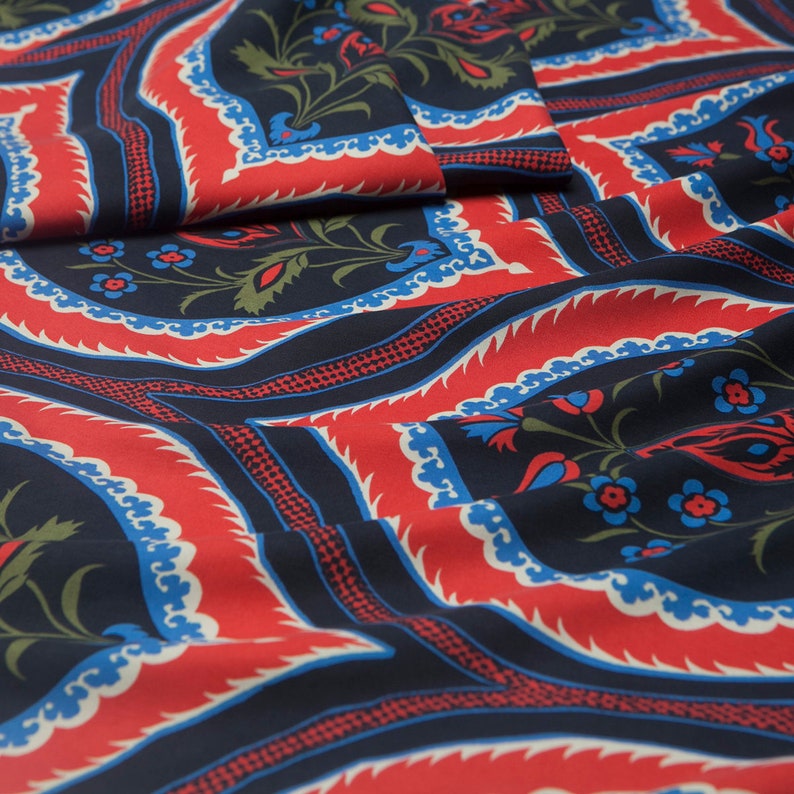dress skirt sewing for shirt craft by the yard Totem Style: Red and navy paisley floral print silk spun fabric cheongsam