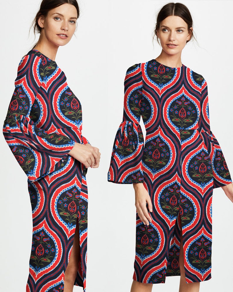 dress skirt sewing for shirt craft by the yard Totem Style: Red and navy paisley floral print silk spun fabric cheongsam