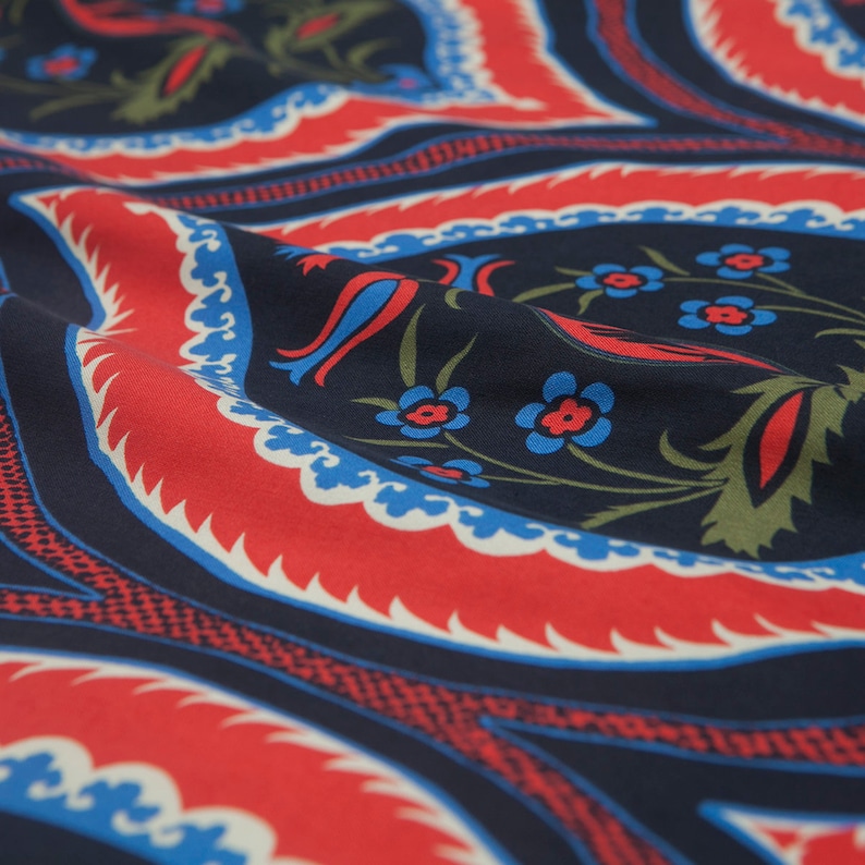 dress skirt sewing for shirt craft by the yard Totem Style: Red and navy paisley floral print silk spun fabric cheongsam