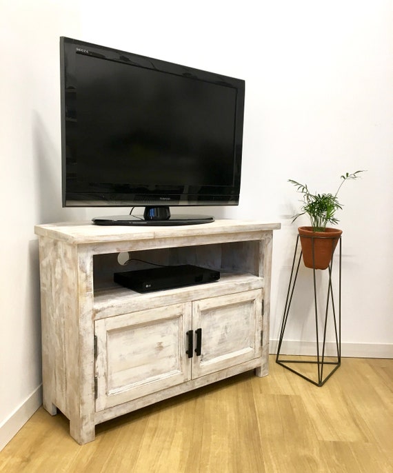 Rustic Corner Table Tv Stand With Shelf White Etsy