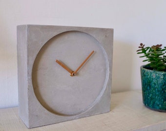 Concrete/Cement Grey Square Desk Clock With Copper Hands - Handmade