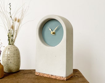 Handmade Concrete/Cement Grey & Blue Desk Clock with Cork Base - Tall