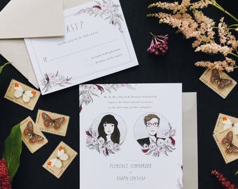 Moody Illustrated Wedding Invitation Suite with Portraits | Custom Hand Drawn Stationery Suite for Weddings & Special Events