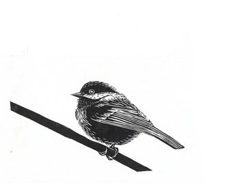 Original linocut print, Chickadee, small bird, 6"x9" art