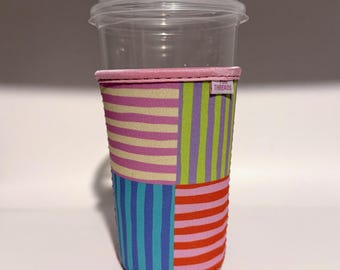 Stripe Patchwork Quilt Iced or Hot Beverage Coffee Drink Sleeve - Medium 22-24oz