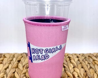 Pink Hot Girls Read Pennant Flag Iced or Hot Beverage Coffee Drink Sleeve - Medium 22-24oz