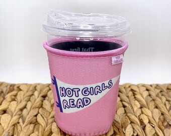 Pink Hot Girls Read Pennant Flag Iced or Hot Beverage Coffee Drink Sleeve - Small 16-18oz