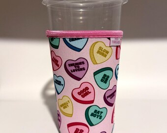 Candy Heart Tropes Iced or Hot Beverage Coffee Drink Sleeve - Medium 22-24oz