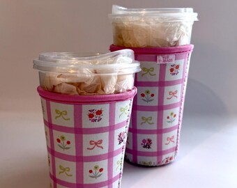Pink Floral Gingham Iced or Hot Beverage Coffee Drink Sleeve